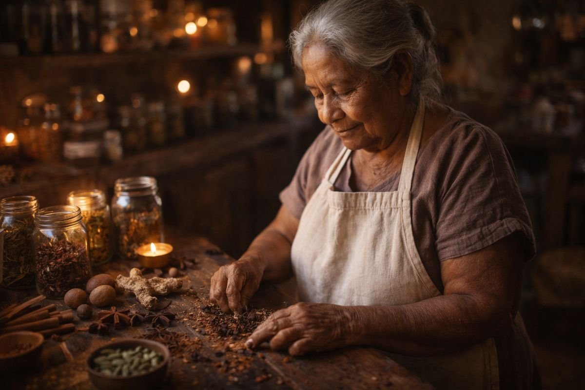 Abuela preparando remedios naturales en cocina rústica