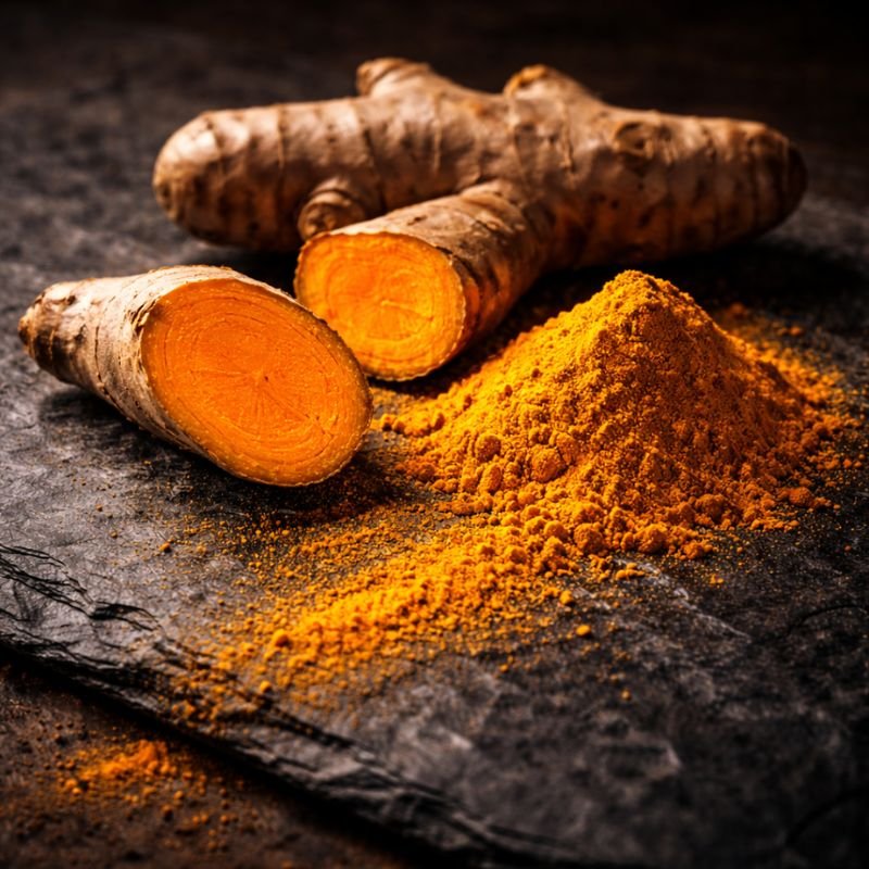 Cúrcuma en polvo y raíz sobre pizarra oscura