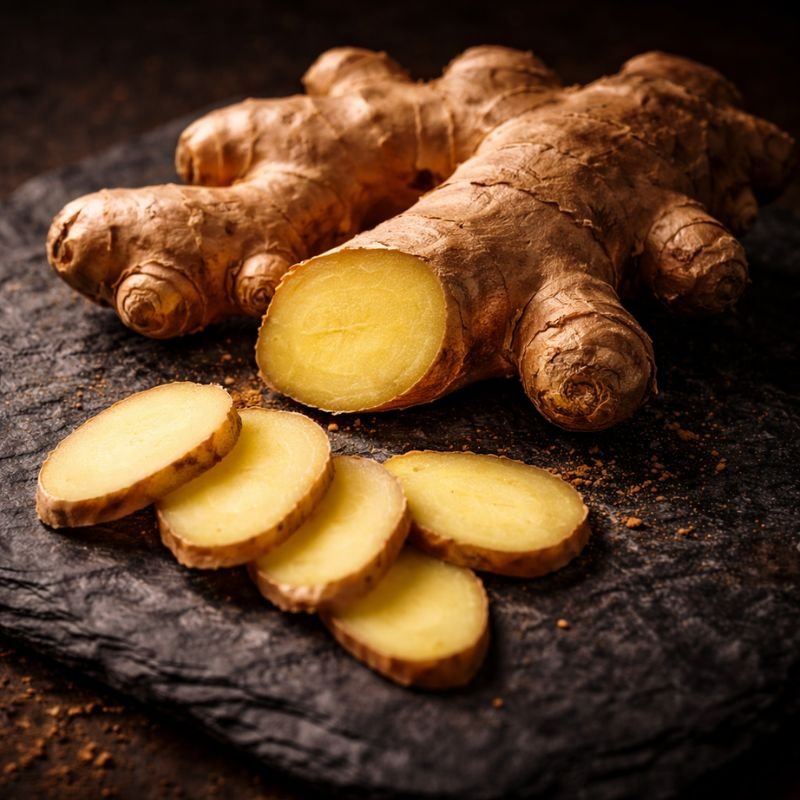 Raíz de jengibre fresca sobre pizarra oscura